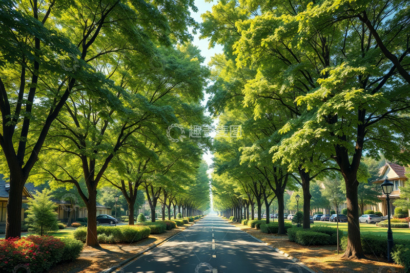 高清大图下载【趣麦麦图】林荫街道旁的住宅区景象