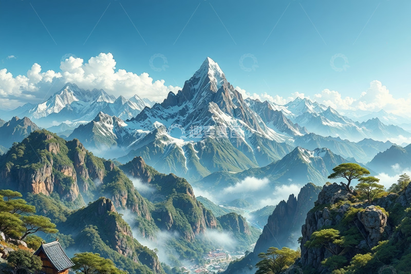 高清大图下载【趣麦麦图】雪山云雾环绕的自然风光