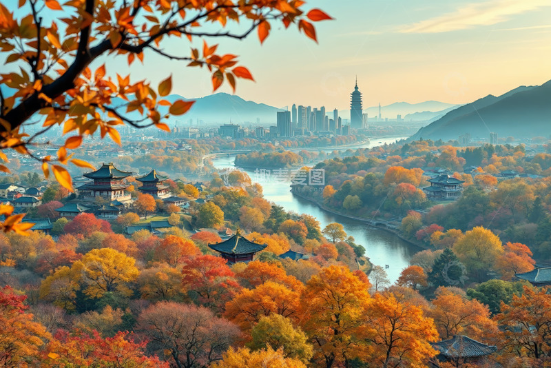 高清大图下载【趣麦麦图】秋日城市与古建筑风光全景