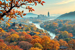秋日城市与古建筑风光全景