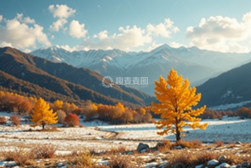 高清大图下载【趣麦麦图】秋日雪山下的金黄树木风景