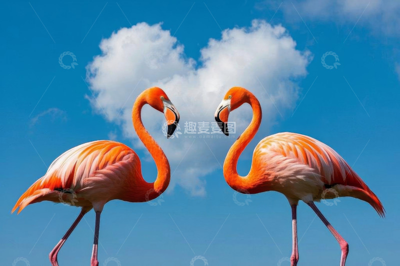 高清大图下载【趣麦麦图】两只火烈鸟在蓝天白云下的画面