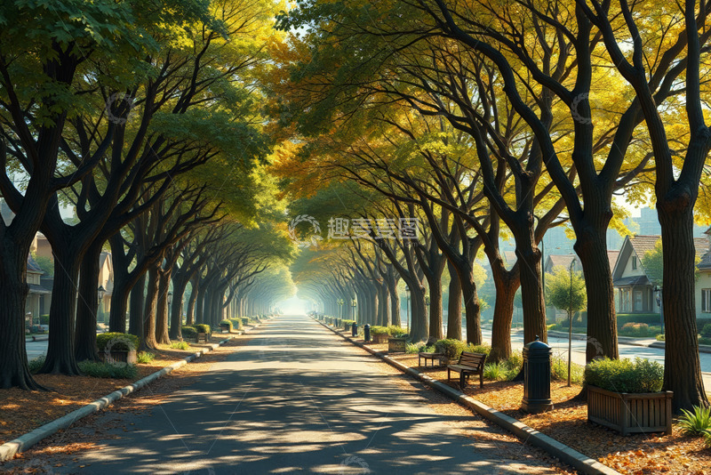 高清大图下载【趣麦麦图】秋日林荫街道风景