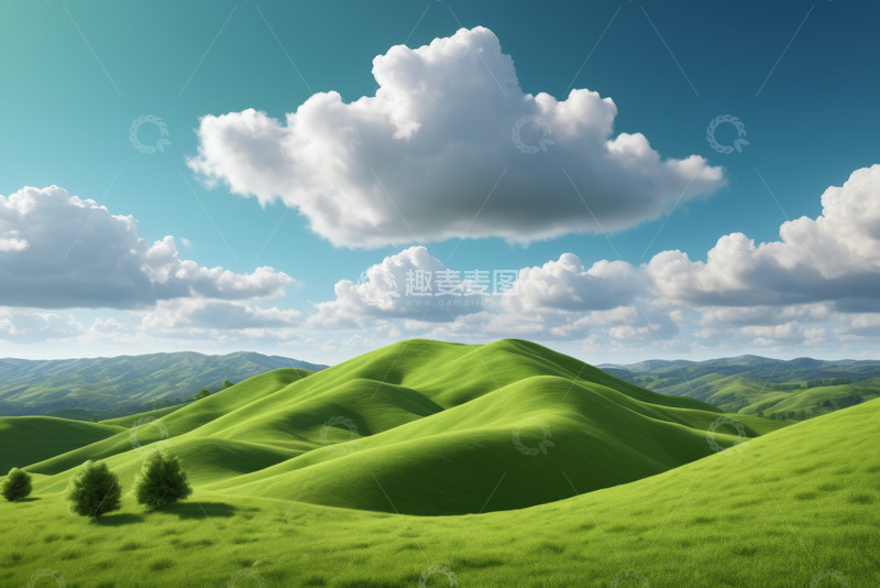 高清大图下载【趣麦麦图】蓝天白云下的绿色山丘风光
