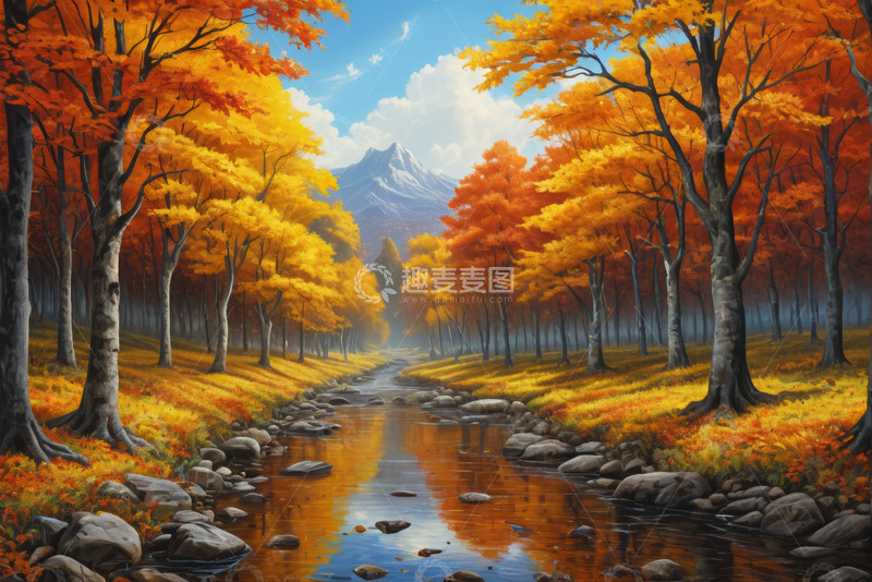 高清大图下载【趣麦麦图】秋日森林溪流与远山风景