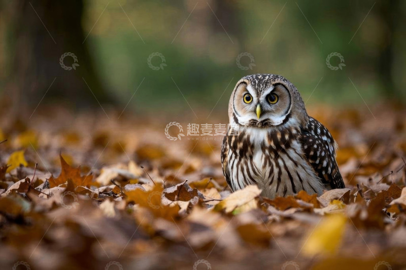 高清大图下载【趣麦麦图】林间落叶上的猫头鹰