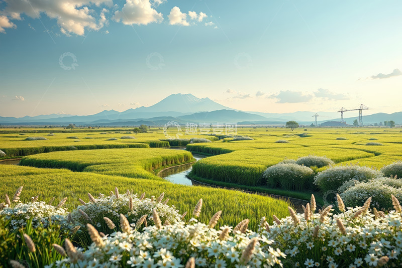 高清大图下载【趣麦麦图】田园风光下的稻田与远山景色