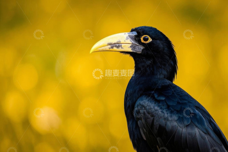 高清大图下载【趣麦麦图】黑鸟特写：黄色喙与黑羽