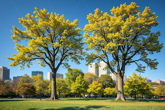 公园秋日大树与城市背景景观