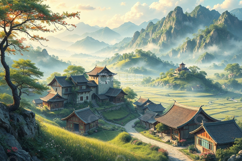 高清大图下载【趣麦麦图】古风山村田园风光景致