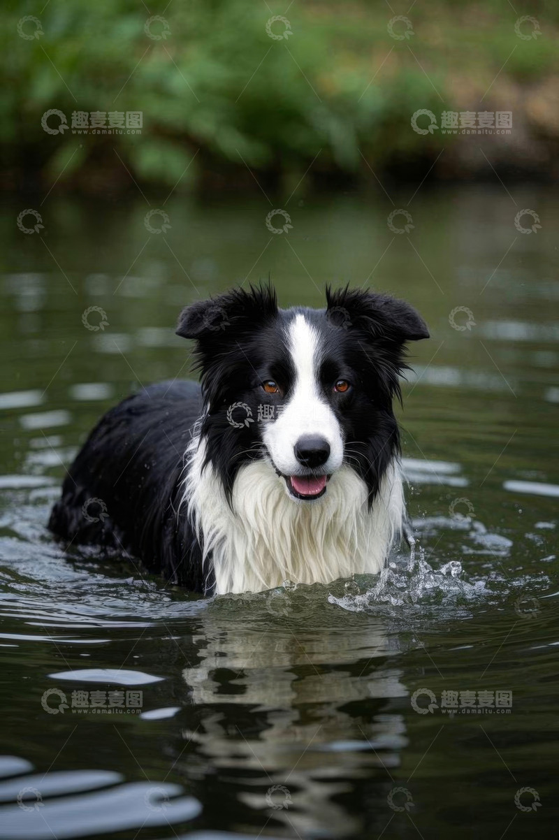 高清大图下载【趣麦麦图】水中嬉戏的黑白边牧犬