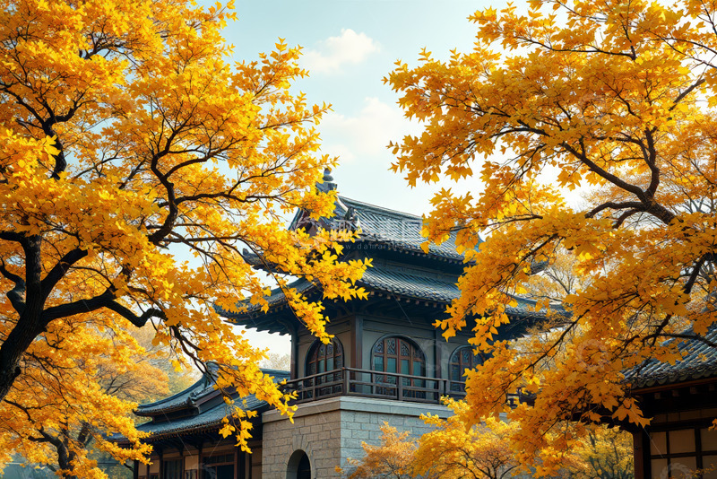 高清大图下载【趣麦麦图】秋日古风建筑与金黄树叶景观