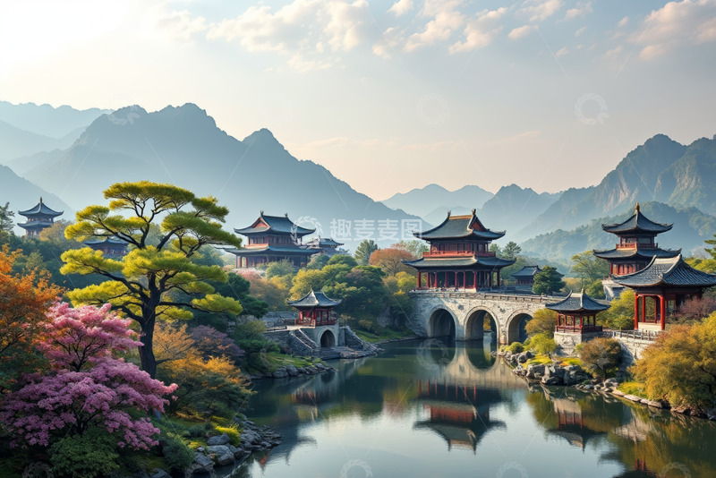 高清大图下载【趣麦麦图】中式古典园林山水景观