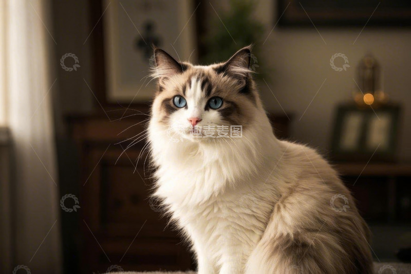 高清大图下载【趣麦麦图】室内坐着的蓝眼布偶猫