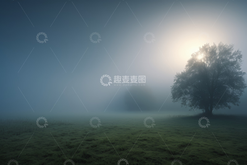 高清大图下载【趣麦麦图】雾中草地与孤树景象