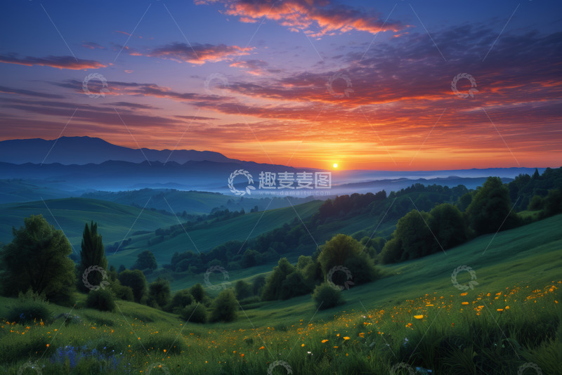 高清大图下载【趣麦麦图】山间草地日出自然风光