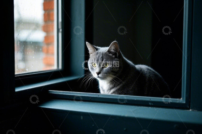 高清大图下载【趣麦麦图】窗边坐着的灰色猫咪