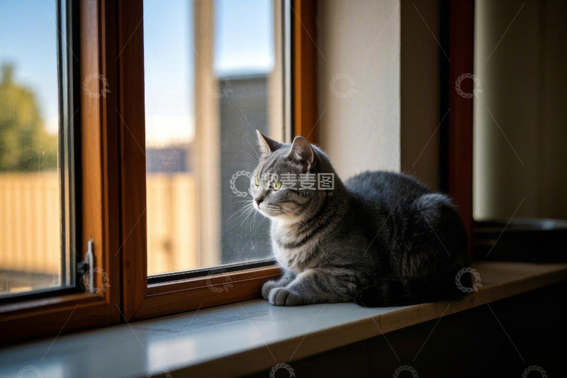 高清大图下载【趣麦麦图】窗边休憩的灰色猫咪