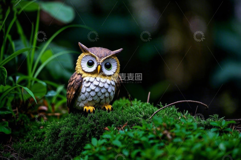 高清大图下载【趣麦麦图】苔藓上的猫头鹰摆件特写