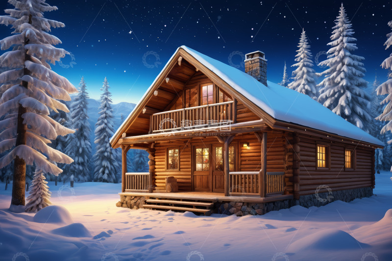 高清大图下载【趣麦麦图】雪夜中的森林木屋