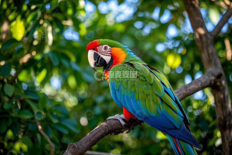 高清大图下载【趣麦麦图】树枝上栖息的彩色金刚鹦鹉
