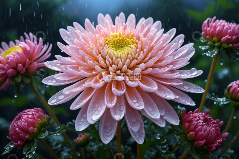 高清大图下载【趣麦麦图】雨中带水珠的粉色菊花