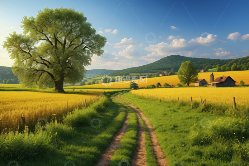 高清大图下载【趣麦麦图】田野间乡间小路与大树风景
