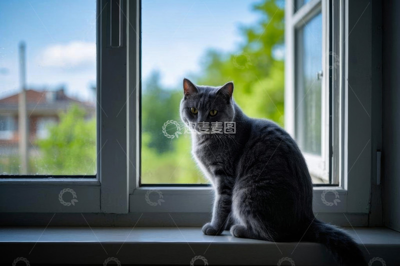 高清大图下载【趣麦麦图】窗边坐着的灰色猫咪