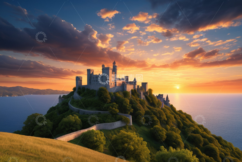 高清大图下载【趣麦麦图】山顶城堡黄昏全景