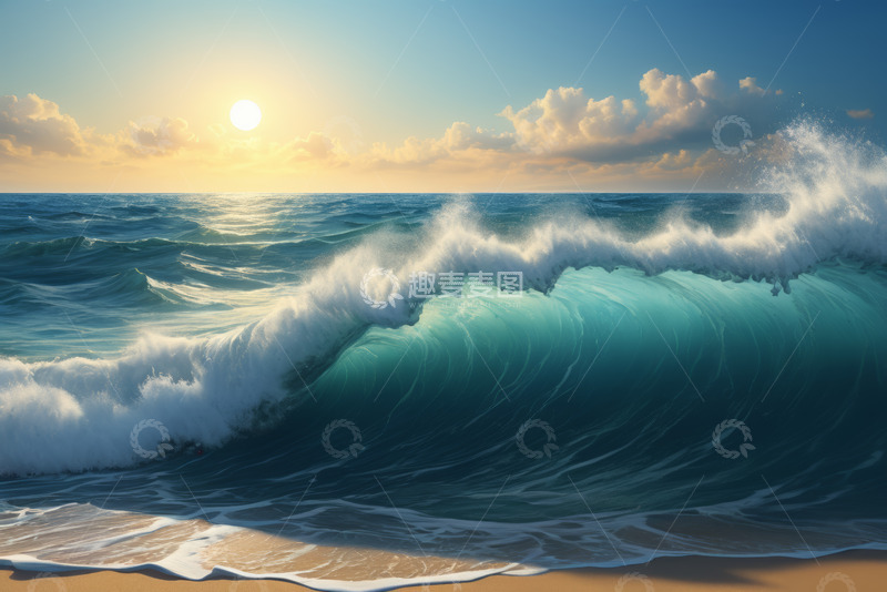 高清大图下载【趣麦麦图】海边日落海浪全景