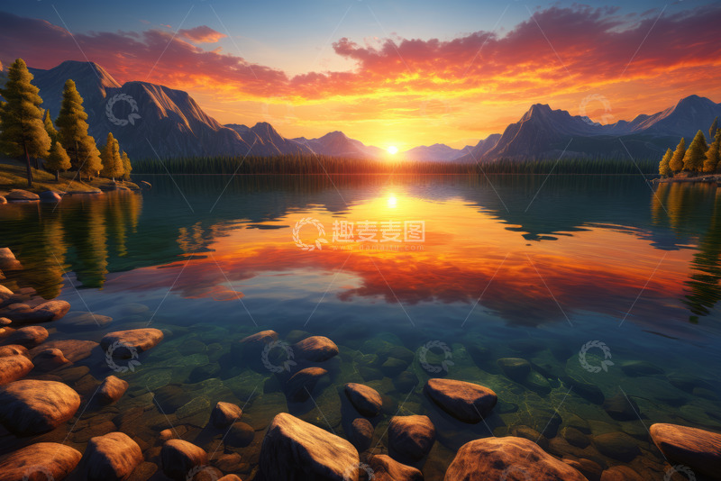 高清大图下载【趣麦麦图】湖畔日落山水自然景观