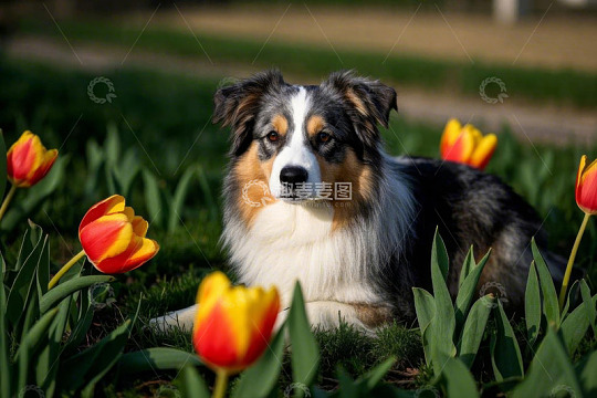 牧羊犬于花丛中休憩