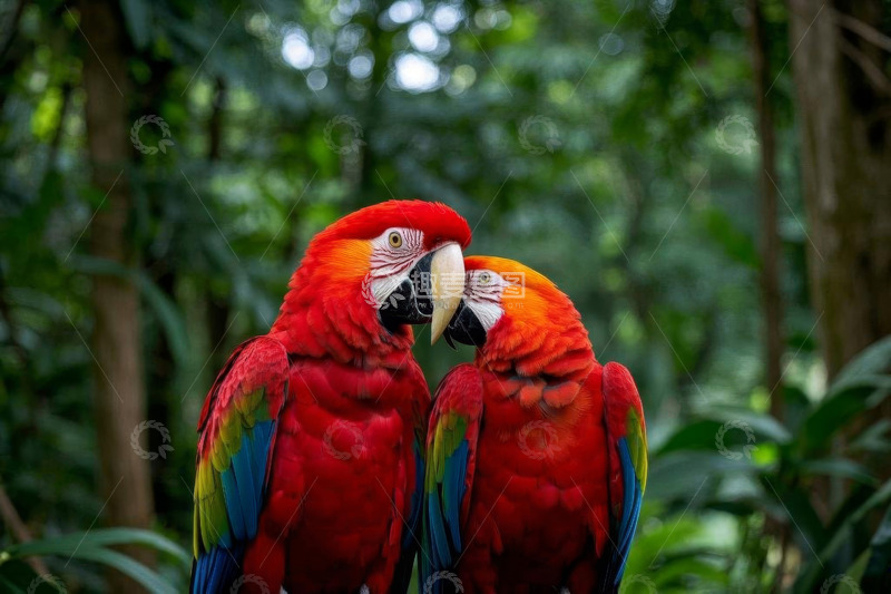 高清大图下载【趣麦麦图】丛林中两只金刚鹦鹉亲密相依