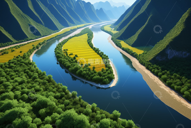 高清大图下载【趣麦麦图】河流蜿蜒山间田园风光