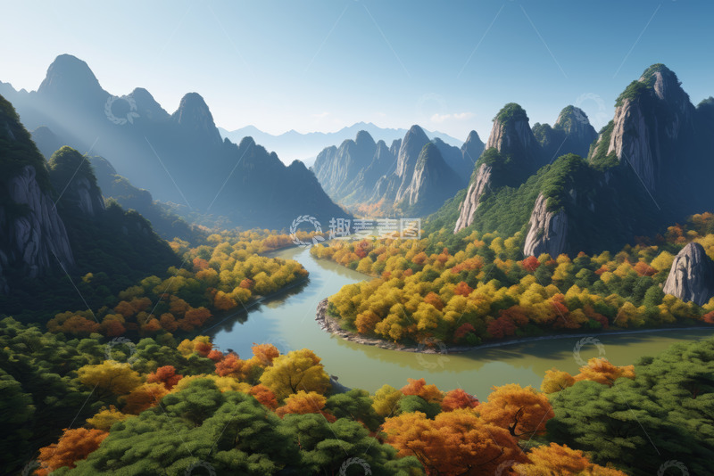 高清大图下载【趣麦麦图】山谷河流秋日森林风光