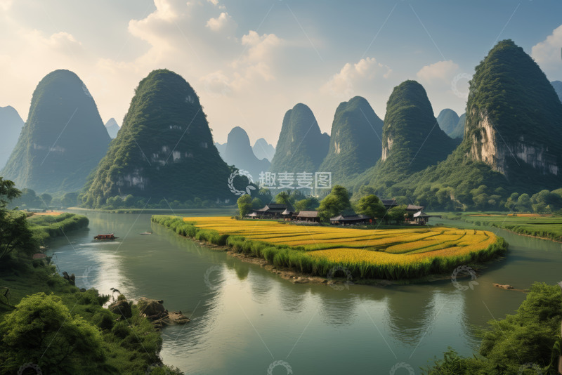 高清大图下载【趣麦麦图】广西漓江山水田园风光