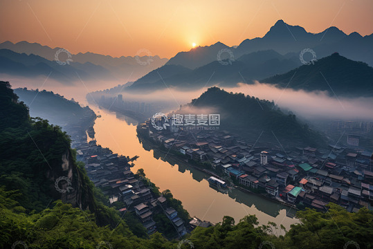 河畔小镇日出全景