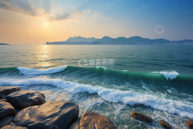 高清大图下载【趣麦麦图】海边日落海浪拍打岩石景象