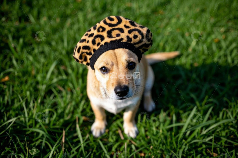 高清大图下载【趣麦麦图】草地上戴豹纹帽的小狗