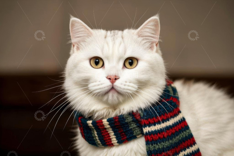 高清大图下载【趣麦麦图】戴围巾的白色猫咪特写
