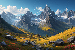 山间草甸与巍峨雪山风景