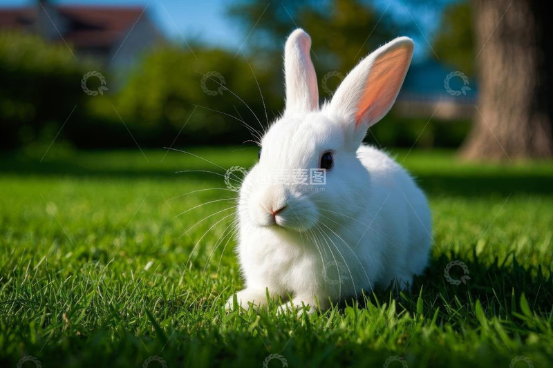 高清大图下载【趣麦麦图】草地上的白色宠物兔子