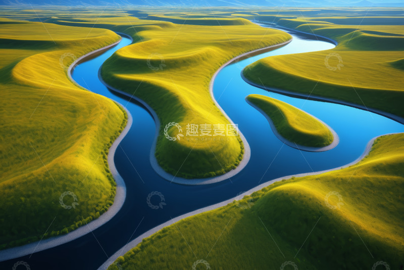 高清大图下载【趣麦麦图】蜿蜒河流与绿色原野风光