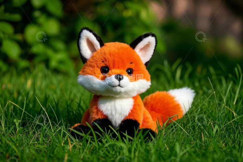 高清大图下载【趣麦麦图】草地上的毛绒狐狸玩偶