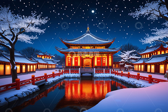 中式古建筑雪夜景观