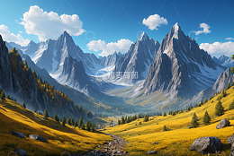 高山下的秋日山谷风景