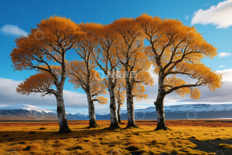 高清大图下载【趣麦麦图】秋季原野上的金黄树木