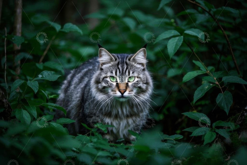高清大图下载【趣麦麦图】森林中的灰毛猫