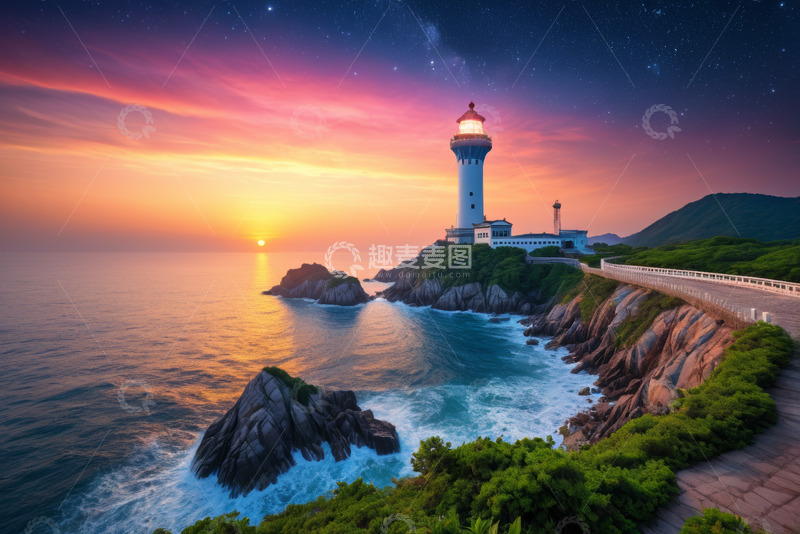 高清大图下载【趣麦麦图】海岸灯塔日落星空全景