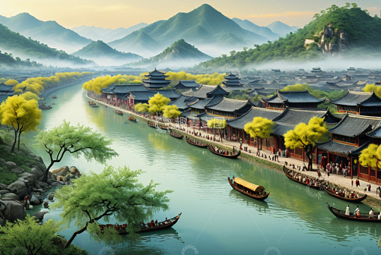 古风河畔古建筑景观